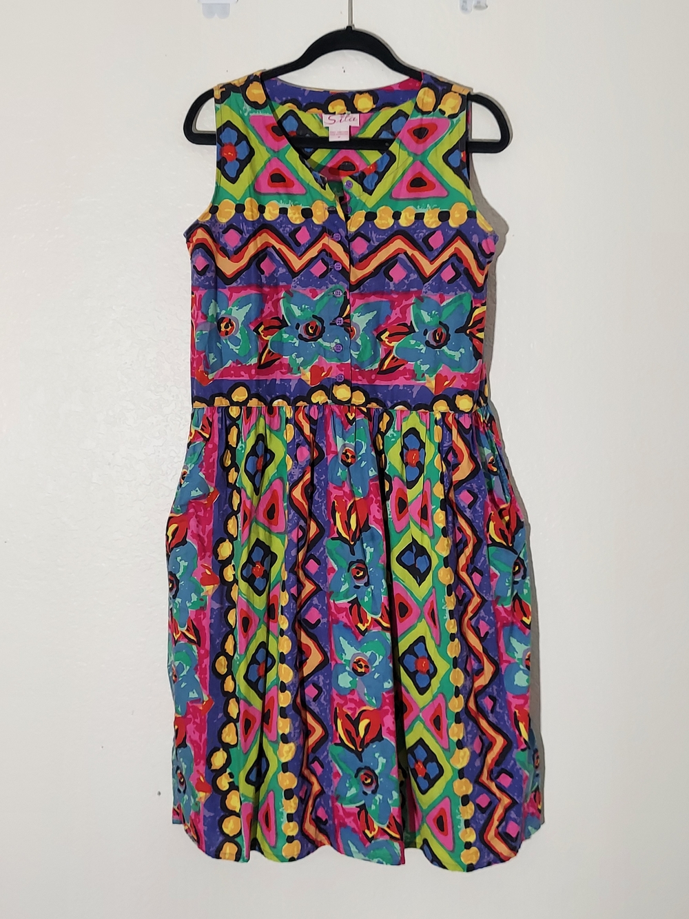 Sita Vintage Multicolor Geometeic Floral Cotton Sleeveless Midi Dress WM Size M